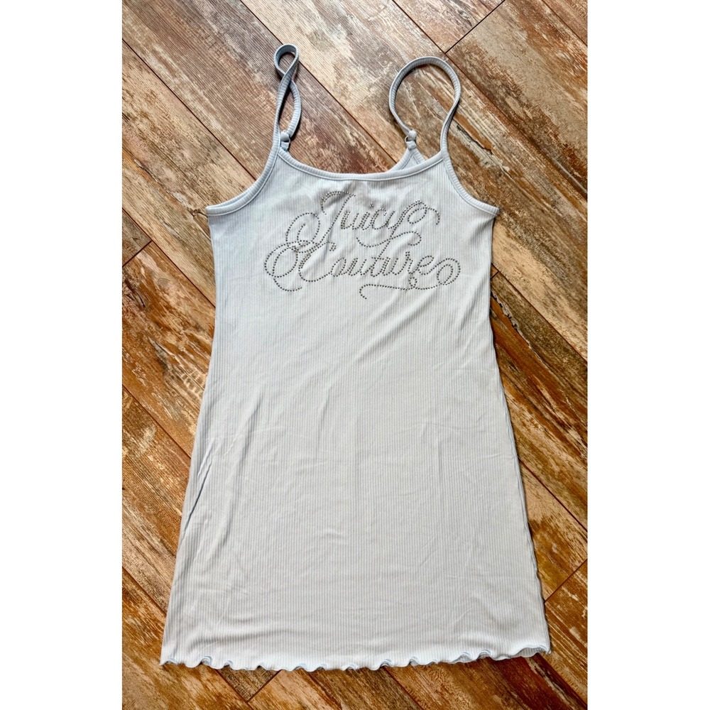 Juicy Couture Blue Ribbed Rhinestone Logo Cami Mini Dress Small Bling Y2K